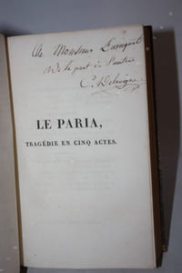 Attila tragédie en cinq actes. Paris, Bechet Ainé, 1822. Frontispice-79pp. Edition originale. Oreste tragédie en cinq actes. Paris, Pillet Ainé, 1821. IX-74pp. Edition originale. Athalie, tragédie. P., Barba, Hubert, 1817. 80pp.Le Comte Julien, ou l'explication, tragédie en cinq actes. P., Bouland et Tardieu, 1823. XXVII-75pp. Edition originale. Le Paria, tragédie en cinq actes. P., J. N. Barba, 1821. 4ff.-frontispice-118pp. Edition originale. Marie Stuart, tragédie en cinq actes. P., Barba, Ladvocat, 1820. VII-102pp. Edition originale. Clytemnestre, tragédie en cinq actes. P., Ponthieu, Barba, 1822. 88pp. Edition originale. Saül, tragédie en cinq actes. P., Ponthieu, Barba, 1822. 87pp. Edition originale.