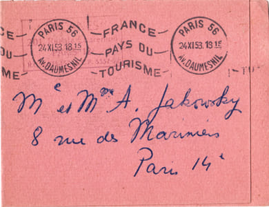 Carton d'invitation à "l'Exposition d'un soir, peinture, documents, objets bizarres", organisée chez Romi le 26 novembre 1953 pour fêter la parution du numéro 2 de la revue Bizarre (Cent-cinquantenaire de J.J. Grandville)