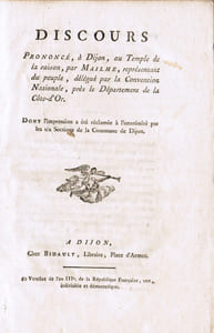 Discours prononcé, à Dijon, au temple de la raison, par Mailhe, représentant du peuple, délégué par la Convention nationale, près le département de la Côte-d'Or, dont l'impression a été réclamée à l'unanimité par les six sections de la commune de Dijon
