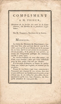 Compliment à M. Prieur, président de la Société des amis de la Constitution, élu membre de la prochaine législature, par M. Viardot, secrétaire de la ...