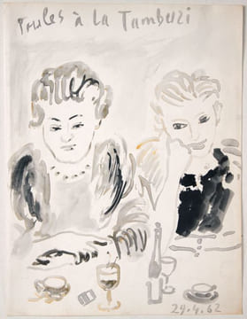 Poules à la Tamburi. Aquarelle originale signée de Orfeo Tamburi sur le livre d'or du restaurant Camille Renault. [Livre d'or du restaurant Camille ...