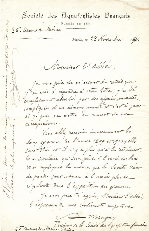 Lettre autographe signée datée du 28 novembre 1900 à en-tête de la Société des aquafortistes français. Mongin, Augustin (peintre et graveur à ...