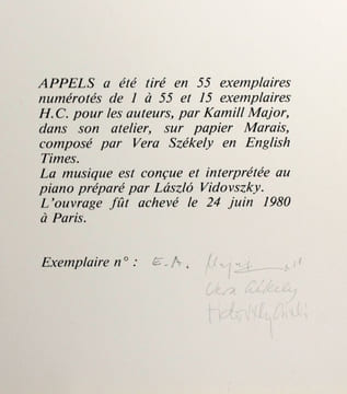 Appels. Kamill Major : "Sans fin", sérigraphies / Vera Székely : "Voyage", texte / László Vidovszky : "Mort de Schroeder", musique.. Székely, Vera - ...
