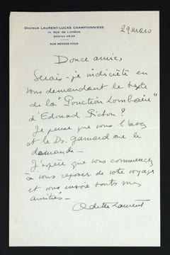 Lettre autographe signée à Hélène Pichon-Janet. Laurent-Lucas-Championnière, Odette (1892-1964, médecin et psychanalyste française)