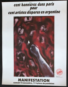 Cent bannières dans Paris pour cent artistes disparus en Argentine. Manifestation samedi 14 novembre [1981] 11h place du Panthéon. AIDA.