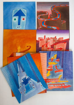 Tiré à part des planches de Jean-Michel Folon pour l'agenda Olivetti 1969, montées sur carton. La Vie sentimentale de J. M. Folon / Vita, anche ...
