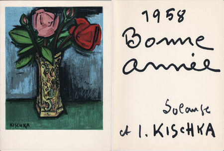 Isis Kischka : carte de voeux pour 1958 et lithographie originale. Kischka, Isis