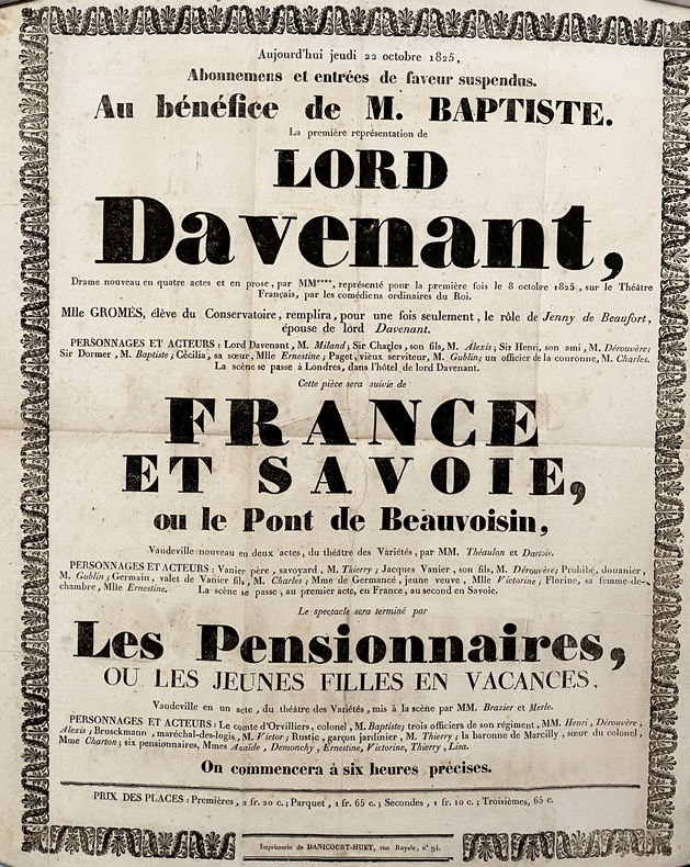 [THÉÂTRE D'ORLÉANS]. Jeudi 22 octobre 1825. Au bénéfice de M. Baptiste.. (AFFICHE) –