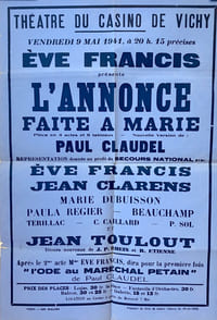 L’Annonce faite à Marie. Affiche de la représentation donnée le 9 mai 1941 au Théâtre du Casino de Vichy.