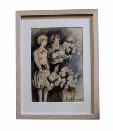 Dessin original aquarelle et gouache Deux jeunes filles
mode r&eacute;tro. Marcel PRUNIER