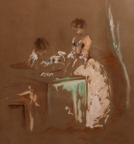 Gouache originale lavie d'encre sur papier brun 25,5 x 21 cm.  Paul Gavarni 