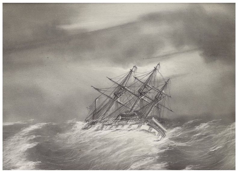 1844-1850 Pélisson 2 très beaux dessins originaux sur papier Pellée mine plomb Bateau voilier  tempête
. Pélisson