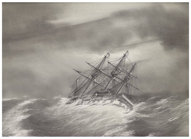 1844-1850 P&eacute;lisson 2 tr&egrave;s beaux dessins originaux sur papier Pell&eacute;e mine plomb Bateau voilier  temp&ecirc;te
. P&eacute;lisson