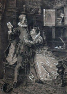 fusain dessin original scène XVIe siècle courrier