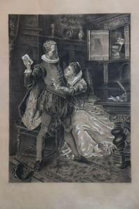 fusain dessin original scène XVIe siècle courrier