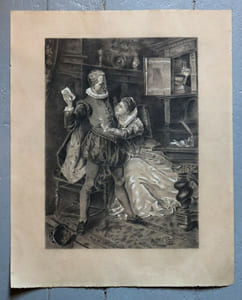 fusain dessin original scène XVIe siècle courrier
