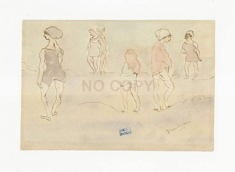  Dessin original encre brune lavis d'aquarelle
"Six femmes l&eacute;g&egrave;rement v&ecirc;tues" (sans doute des femmes prostitu&eacute;es faisant le trottoir). Jules Pascin