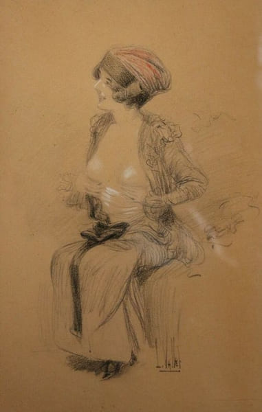 Une &eacute;l&eacute;gante DESSIN ORIGINAL curiosa mode costume. Louis Vallet