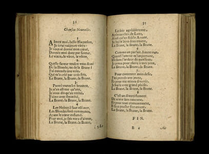 Chansons nouvelles et airs de cour. Nouveau recueil.

Tome I. Troisième édition.

Sur l'imprimé, A Paris, 1691 [i.e. Hollande]

48 pages

Suivi de :

Chansons nouvelles et airs de cour. Nouveau recueil.

Tome II. Seconde édition.

A Paris, chez Antoine Raflé, 1690 [i.e. Hollande]

48 pages

Suivi de :

Chansons nouvelles et airs de cour. Nouveau recueil.

Tome III.

Sur l'imprimé, A Paris, 1691 [i.e. Hollande]

48 pages

Suivi de :

Chansons nouvelles et airs de cour. Nouveau recueil.

Tome IV. Troisième édition.

Sur l'imprimé, A Paris, 1691 [i.e. Hollande]

48 pages

Suivi de :

Chansons nouvelles et airs de cour et d'opéra. Nouveau recueil.

Tome V. Seconde édition.

A Paris, chez Antoine Raflé, 1690 [i.e. Hollande]

48 pages

Suivi de :

Chansons nouvelles et airs de cour et d'opéra. Nouveau recueil.

Tome VI. Troisième édition.

Sur l'imprimé, A Paris, 1691 [i.e. Hollande]

29 pages et 20 pages non chiffrées (table pour les tomes I à VI)

Suivi de :

Chansons nouvelles et airs de cour et d'opéra. Nouveau recueil.

Second volume. Tom. I.

A Paris, chez Antoine Raflé, 1690 [i.e. Hollande]

48 pages

7 tomes reliés en 1 volume in-16 (13 x 8 cm | Hauteur des marges : 122 mm)