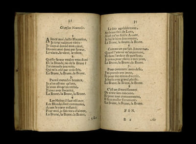 Chansons nouvelles et airs de cour. Nouveau recueil.

Tome I. Troisième édition.

Sur l'imprimé, A Paris, 1691 [i.e. Hollande]

48 pages

Suivi de :

Chansons nouvelles et airs de cour. Nouveau recueil.

Tome II. Seconde édition.

A Paris, chez Antoine Raflé, 1690 [i.e. Hollande]

48 pages

Suivi de :

Chansons nouvelles et airs de cour. Nouveau recueil.

Tome III.

Sur l'imprimé, A Paris, 1691 [i.e. Hollande]

48 pages

Suivi de :

Chansons nouvelles et airs de cour. Nouveau recueil.

Tome IV. Troisième édition.

Sur l'imprimé, A Paris, 1691 [i.e. Hollande]

48 pages

Suivi de :

Chansons nouvelles et airs de cour et d'opéra. Nouveau recueil.

Tome V. Seconde édition.

A Paris, chez Antoine Raflé, 1690 [i.e. Hollande]

48 pages

Suivi de :

Chansons nouvelles et airs de cour et d'opéra. Nouveau recueil.

Tome VI. Troisième édition.

Sur l'imprimé, A Paris, 1691 [i.e. Hollande]

29 pages et 20 pages non chiffrées (table pour les tomes I à VI)

Suivi de :

Chansons nouvelles et airs de cour et d'opéra. Nouveau recueil.

Second volume. Tom. I.

A Paris, chez Antoine Raflé, 1690 [i.e. Hollande]

48 pages

7 tomes reliés en 1 volume in-16 (13 x 8 cm | Hauteur des marges : 122 mm)