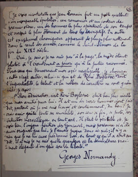 Manuscrit autographe et documents divers
à la gloire de Jean Lorrain érigé à Fécamp. Georges Normandy