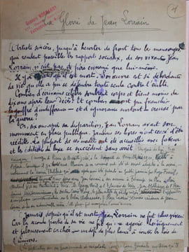 Manuscrit autographe et documents divers
à la gloire de Jean Lorrain érigé à Fécamp. Georges Normandy