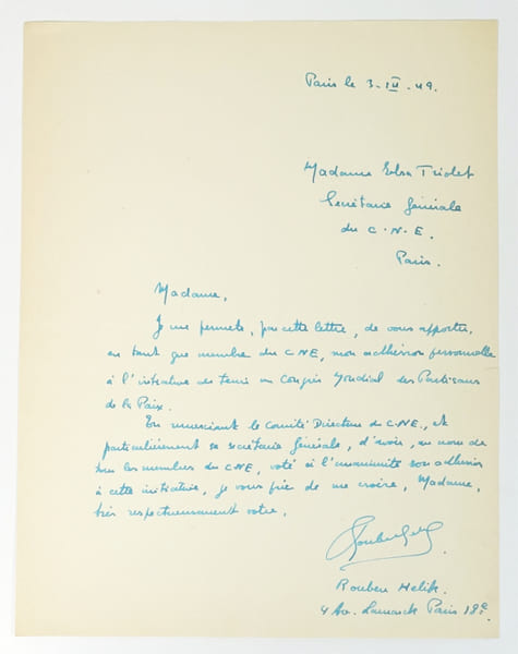 Lettre autographe sign&eacute;e adress&eacute;e &agrave; Elsa Triolet. MELIK Rouben