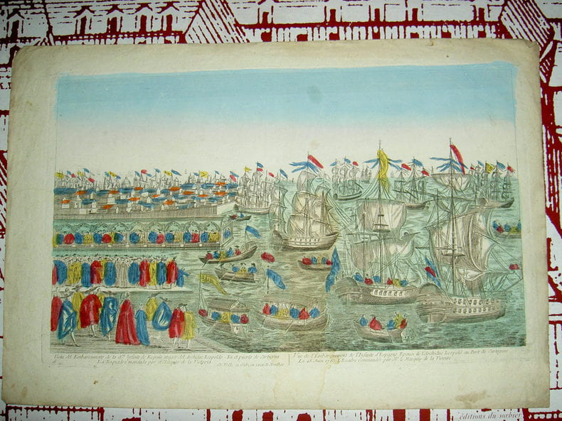Vue de l'embarquement de l'Infante d'Espagne, &eacute;pouse de l'archiduc L&eacute;opoldau port de Cartag&egrave;ne le 25 juin 1765, l'escadre  command&eacute;e par M. le Marquis ...