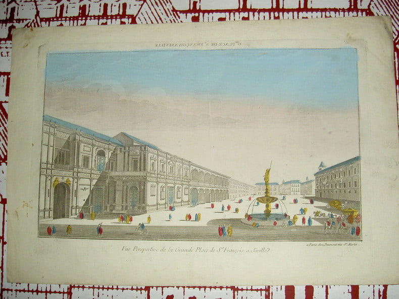Vue perspective de la grande place de St Fran&ccedil;ois &agrave; S&eacute;ville.. Vue d'Optique du dix-huiti&egrave;me si&egrave;cle