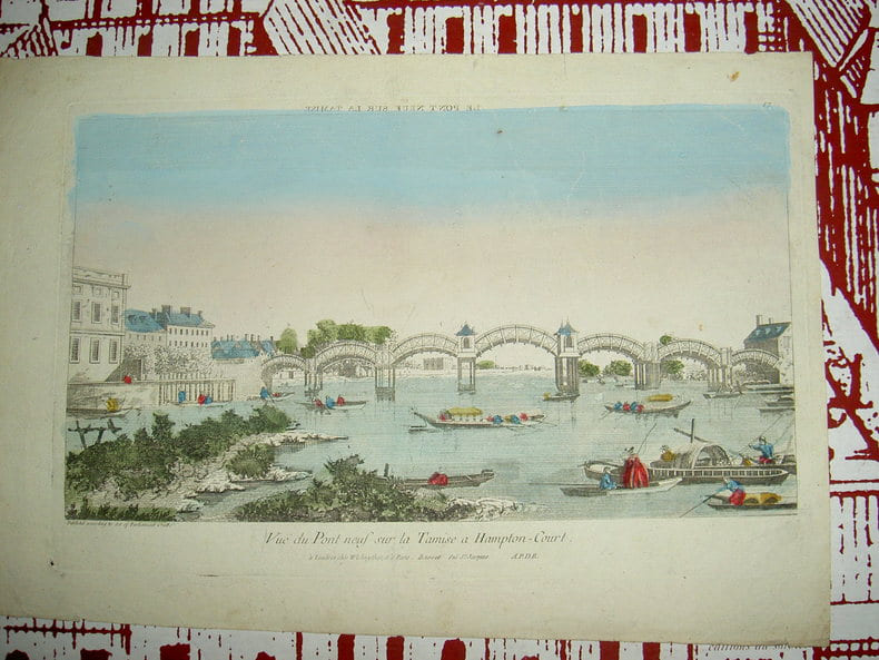 Vue du Pont Neuf sur la Tamise &agrave; Hampton Court. Vue d'Optique du dix-huiti&egrave;me si&egrave;cle