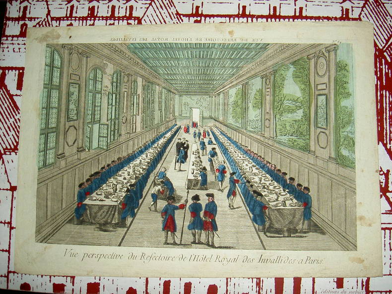 Vue perspective du réfectoire de l'Hôtel Royal des Invalides à Paris. Vue d'Optique du dix-huitième siècle