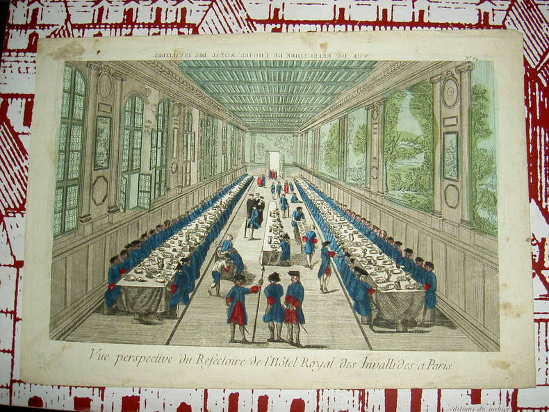 Vue perspective du r&eacute;fectoire de l'H&ocirc;tel Royal des Invalides &agrave; Paris. Vue d'Optique du dix-huiti&egrave;me si&egrave;cle