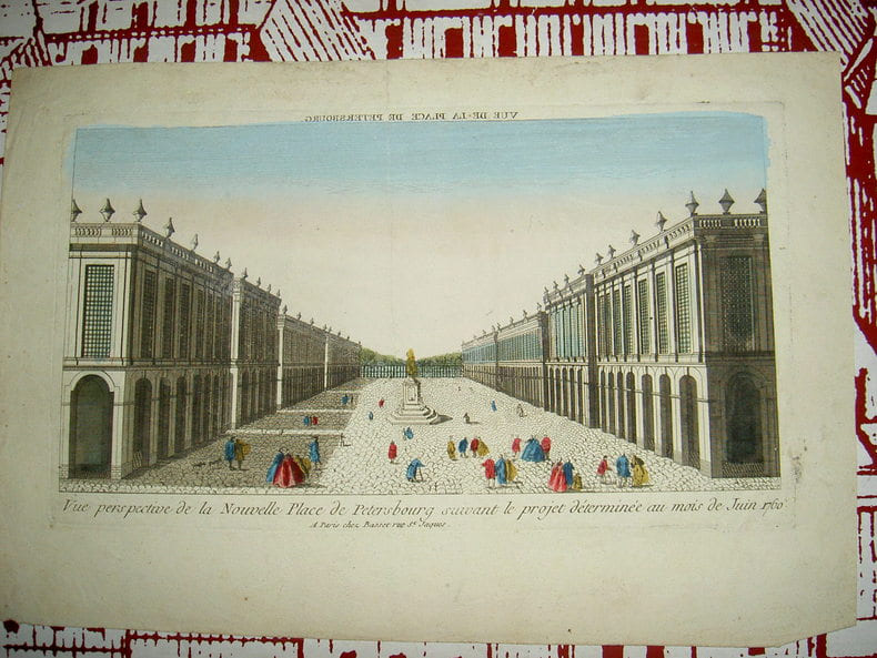 Vue perspective de la nouvelle Place de Petersbourg suivant le projet d&eacute;termin&eacute; au mois de juin 1760.. Vue d'Optique du dix-huiti&egrave;me si&egrave;cle