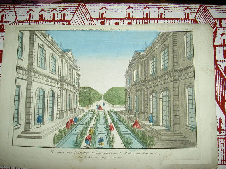 Vue perspective de l'entr&eacute;e du Parc du Prince de Manheim en Allemagne. Vue d'Optique du dix-huiti&egrave;me si&egrave;cle