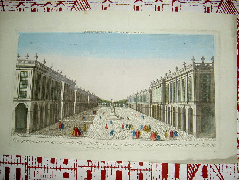 Vue perspective de la nouvelle Place de Petersbourg suivant le projet d&eacute;termin&eacute; au mois de juin 1760.. Vue d'Optique du dix-huiti&egrave;me si&egrave;cle