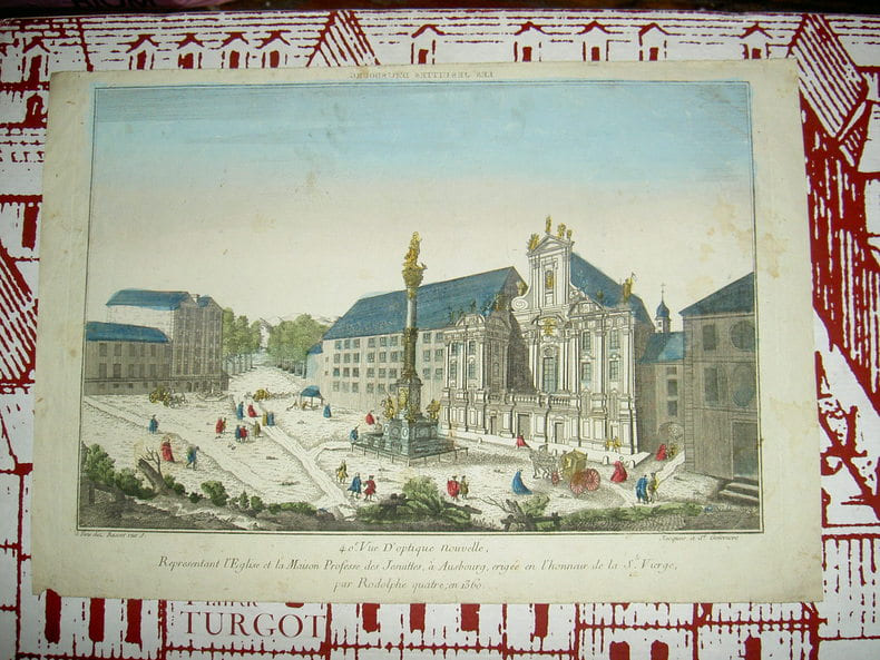 Vue d'optique nouvelle repr&eacute;sentant l'&eacute;glise et la maison professe des j&eacute;suites &agrave; Ausbourg, &eacute;rig&eacute;e en l'honneur de la Ste Vierge par Rodolphe  quatre ...