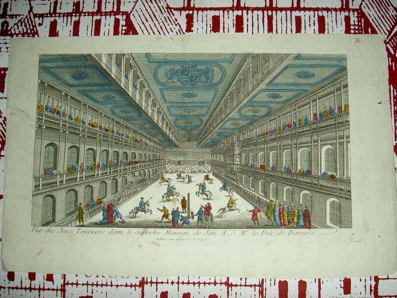 Vue des Jeux tournois dans le superbe man&egrave;ge de Son A. S. Mr le Duc de Bavi&egrave;re. Vue d'Optique du dix-huiti&egrave;me si&egrave;cle