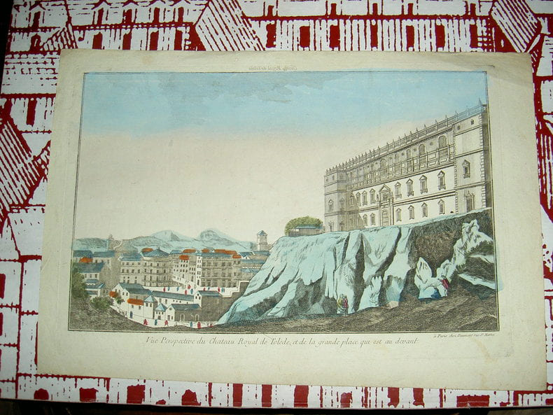 Vue perspective du ch&acirc;teau royal de Tol&egrave;de et de la grande place qui est au devant.. Vue d'Optique du dix-huiti&egrave;me si&egrave;cle