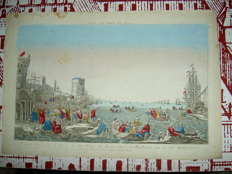Vue de la ville et du port de Tunis dans la Barbarie sur la mer M&eacute;diterran&eacute;e. Vue d'Optique du dix-huiti&egrave;me si&egrave;cle