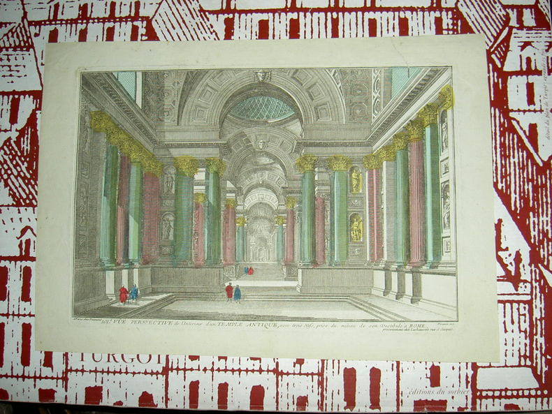 Vue perspective de l'int&eacute;rieur d'un temple antique, avec trois nefs, prise du milieu de son vestibule &agrave; Rome. . Vue d'Optique du dix-huiti&egrave;me si&egrave;cle