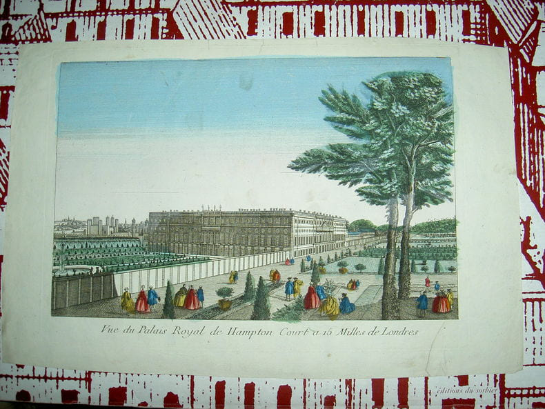 Vue du palais royal de Hampton Court &agrave; 15 milles de Londres.. Vue d'Optique du dix-huiti&egrave;me si&egrave;cle