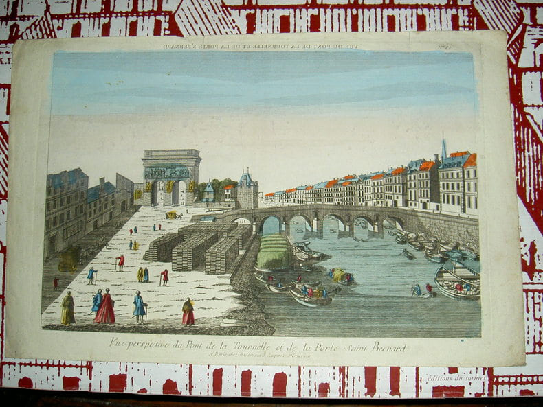 Vue perspective du pont de La Tournelle et de la porte Saint Bernard.. Vue d'Optique du dix-huiti&egrave;me si&egrave;cle