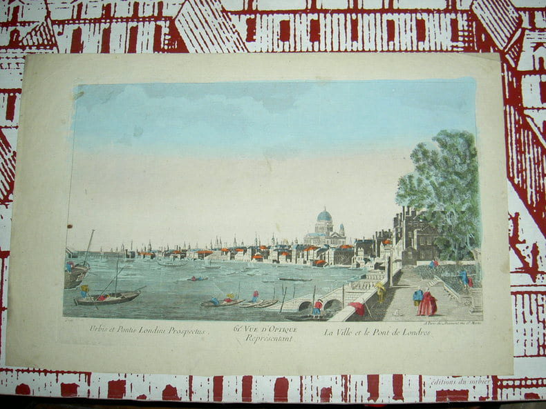 Vue d'optique repr&eacute;sentant la ville et le pont de Londres.. Vue d'Optique du dix-huiti&egrave;me si&egrave;cle