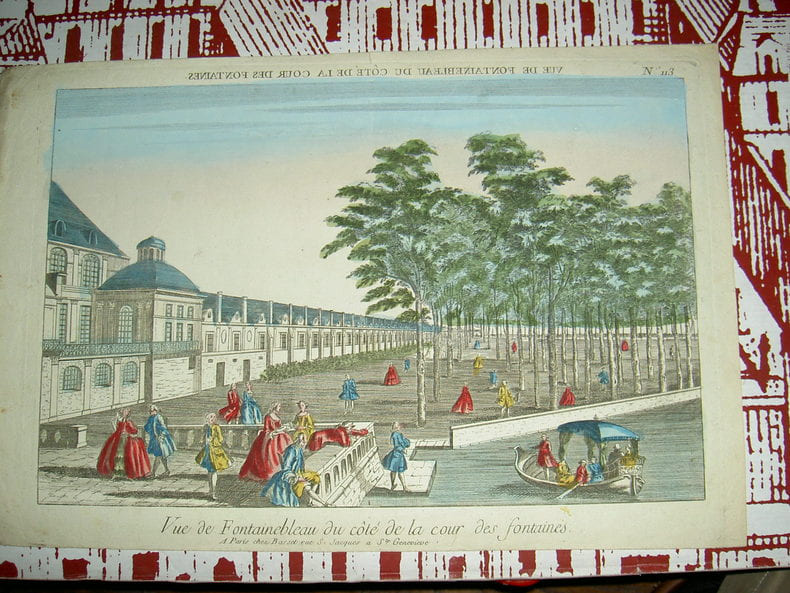 Vue de Fontainebleau du c&ocirc;t&eacute; de la cour des fontaines.. Vue d'Optique du dix-huiti&egrave;me si&egrave;cle
