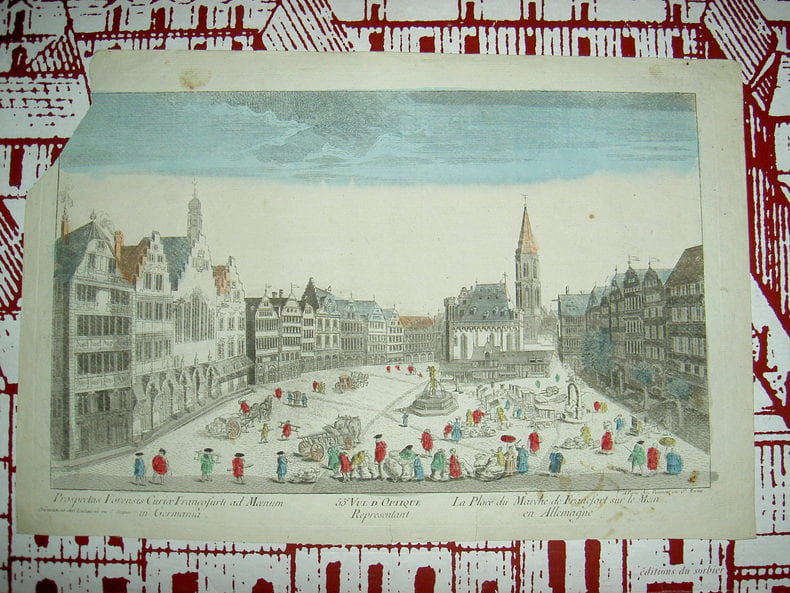 Vue d'optique repr&eacute;sentant la place du march&eacute; de Francfort sur le Mein en Allemagne. Vue d'Optique du dix-huiti&egrave;me si&egrave;cle