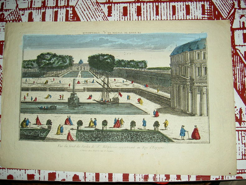 Vue du fond du jardin de St Ildefonse, appartenant au roy d'espagne.. Vue d'Optique du dix-huiti&egrave;me si&egrave;cle