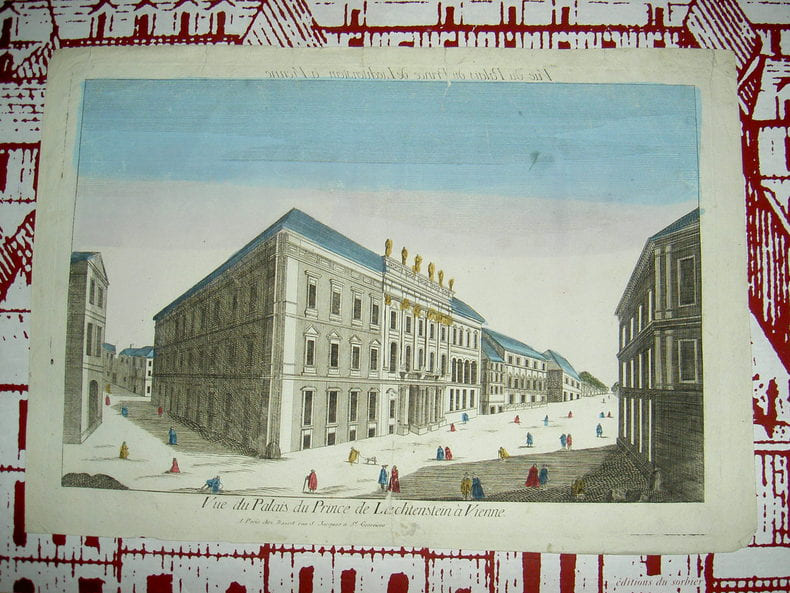 Vue du palais de Liechtenstein &agrave; Vienne. Vue d'Optique du dix-huiti&egrave;me si&egrave;cle