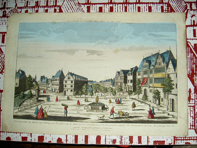 Vue perspective du march&eacute; aux chevaux de Francfort sur le Mein o&ugrave; l'on voit une superbe promenade plant&eacute;e de ch&acirc;taigniers et orn&eacute; de canaux avec un ...