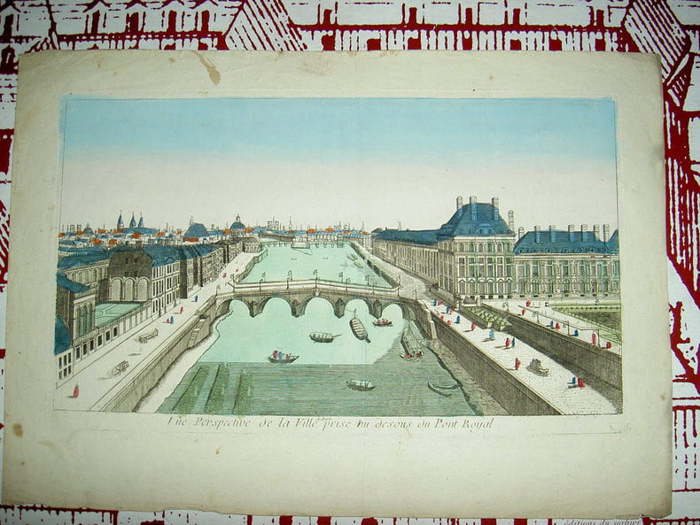 Vue Perspective de la ville de Paris prise au des[s]ous du Pont Royal. Vue d'Optique du dix-huiti&egrave;me si&egrave;cle