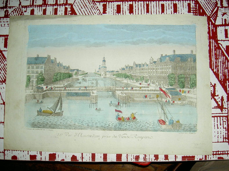 Vue d'Amsterdam prise du vieux rempart. Vue d'Optique du dix-huiti&egrave;me si&egrave;cle